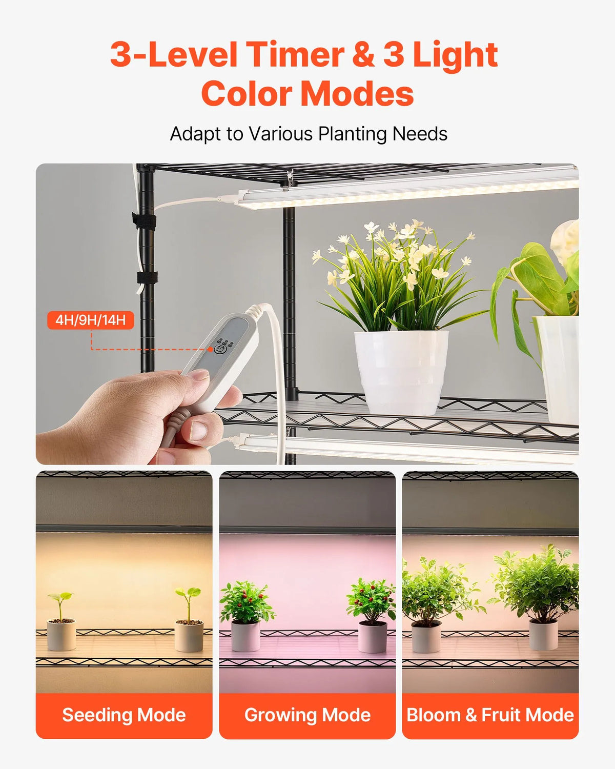 VEVOR 6-Tier Indoor Plant Shelf with Wheels and 4/9/14 h Timer, 180 cm Metal Stand with 150 W Tri-Colour Full Spectrum Grow Lights, Suitable for Seedling Growing