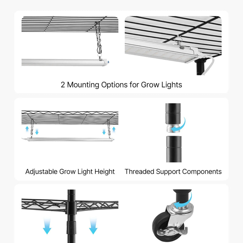 VEVOR 6 līmeņu iekštelpu augu plaukts ar riteņiem un 4/9/14 h taimeri, 180 cm metāla statīvs ar 150 W trīskrāsu pilna spektra audzēšanas gaismām, piemērots dīgstu audzēšanai