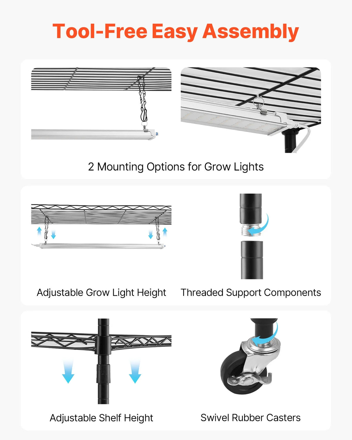 VEVOR 6-Tier Indoor Plant Shelf with Wheels and 4/9/14 h Timer, 180 cm Metal Stand with 150 W Tri-Colour Full Spectrum Grow Lights, Suitable for Seedling Growing