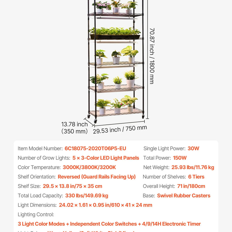VEVOR 6 līmeņu iekštelpu augu plaukts ar riteņiem un 4/9/14 h taimeri, 180 cm metāla statīvs ar 150 W trīskrāsu pilna spektra audzēšanas gaismām, piemērots dīgstu audzēšanai