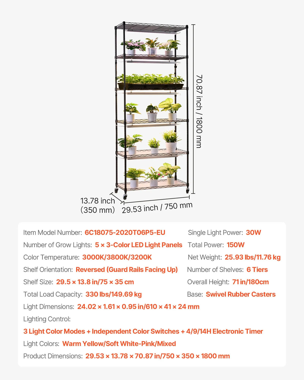 VEVOR 6-Tier Indoor Plant Shelf with Wheels and 4/9/14 h Timer, 180 cm Metal Stand with 150 W Tri-Colour Full Spectrum Grow Lights, Suitable for Seedling Growing