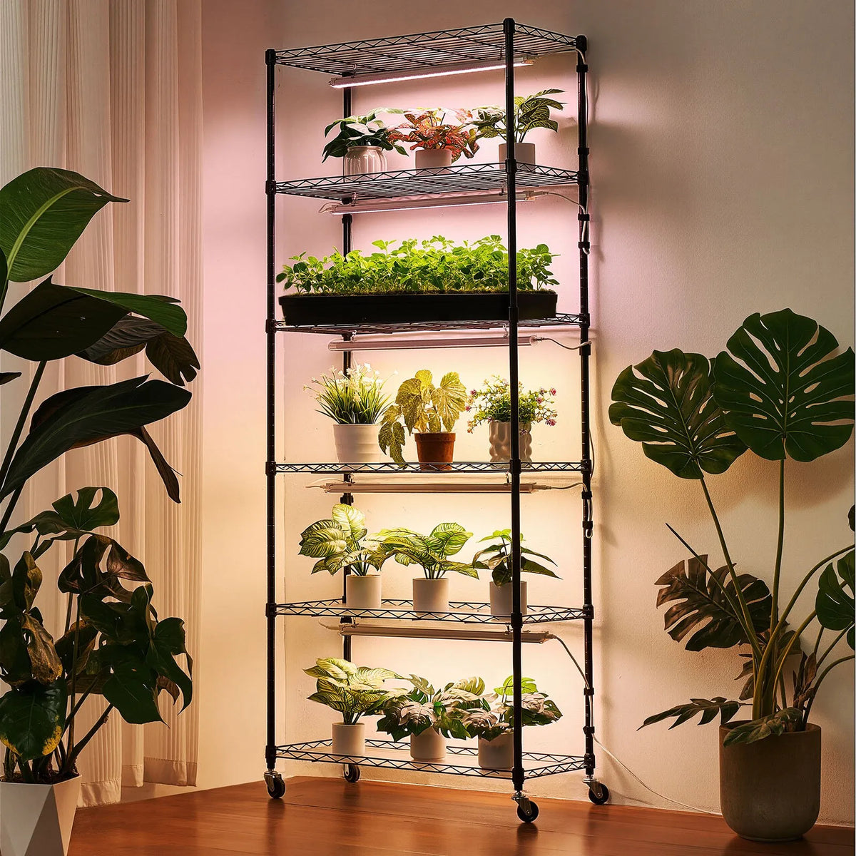 VEVOR 6-Tier Indoor Plant Shelf with Wheels and 4/9/14 h Timer, 180 cm Metal Stand with 150 W Tri-Colour Full Spectrum Grow Lights, Suitable for Seedling Growing