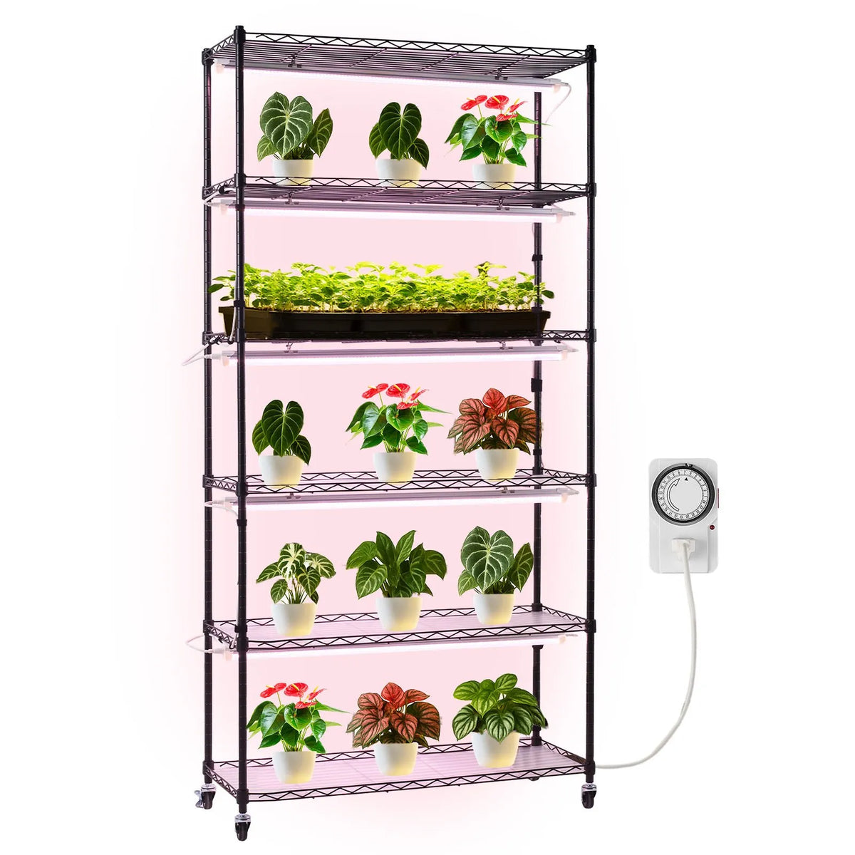 VEVOR 6-Tier Indoor Plant Shelf with Wheels and Timer, 180 cm Metal Stand with Full Spectrum 150 W 3800 K Grow Lights, Suitable for Seedling Growing