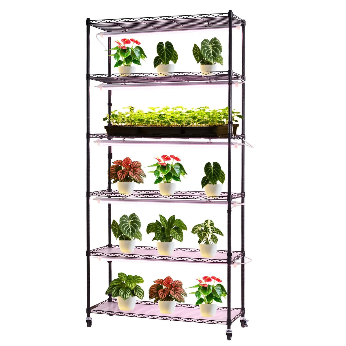 VEVOR 6-Tier Indoor Plant Shelf with Wheels and Timer, 180 cm Metal Stand with Full Spectrum 150 W 3800 K Grow Lights, Suitable for Seedling Growing