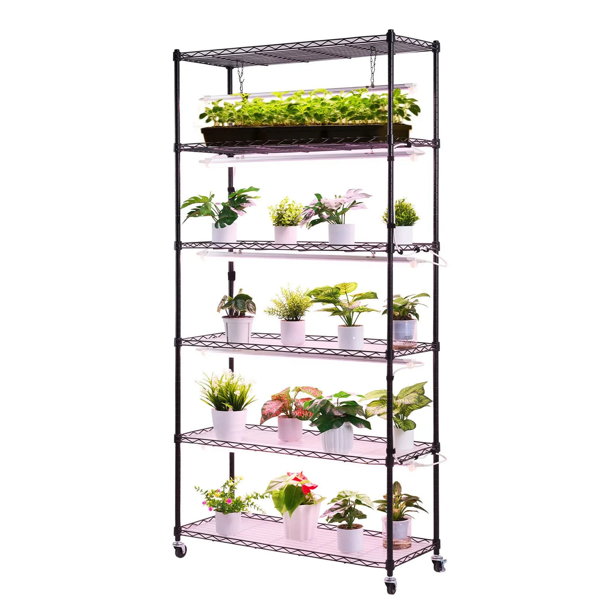 VEVOR 6-Tier Indoor Plant Shelf with Wheels and Timer, 180 cm Metal Stand with Full Spectrum 150 W 3800 K Grow Lights, Suitable for Seedling Growing