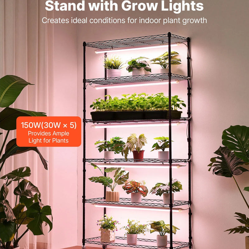 VEVOR 6 līmeņu iekštelpu augu plaukts ar riteņiem un taimeri, 180 cm metāla statīvs ar pilna spektra 150 W 3800 K audzēšanas gaismām, piemērots dīgstu audzēšanai