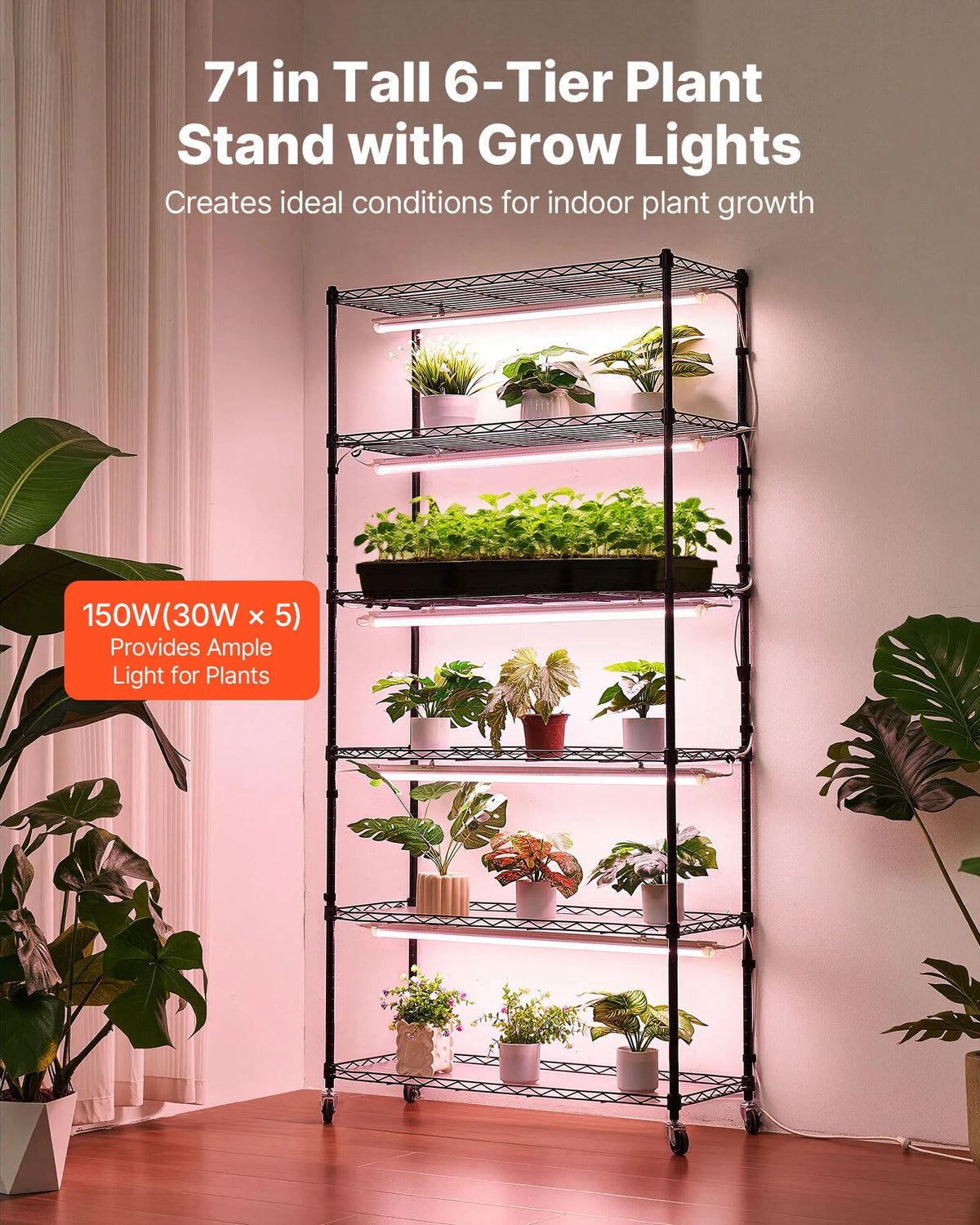 VEVOR 6-Tier Indoor Plant Shelf with Wheels and Timer, 180 cm Metal Stand with Full Spectrum 150 W 3800 K Grow Lights, Suitable for Seedling Growing