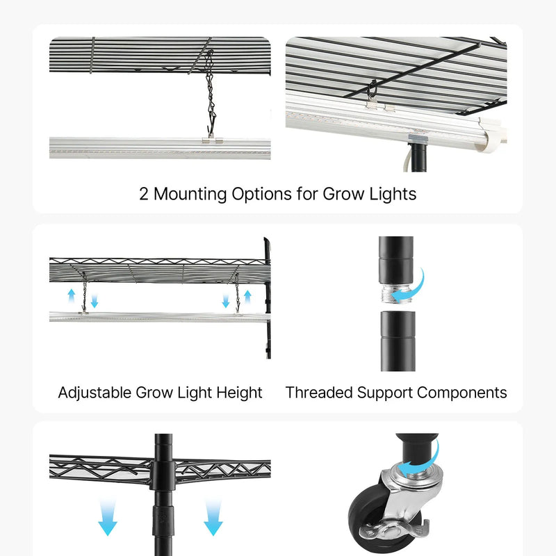 VEVOR 6 līmeņu iekštelpu augu plaukts ar riteņiem un taimeri, 180 cm metāla statīvs ar pilna spektra 150 W 3800 K audzēšanas gaismām, piemērots dīgstu audzēšanai