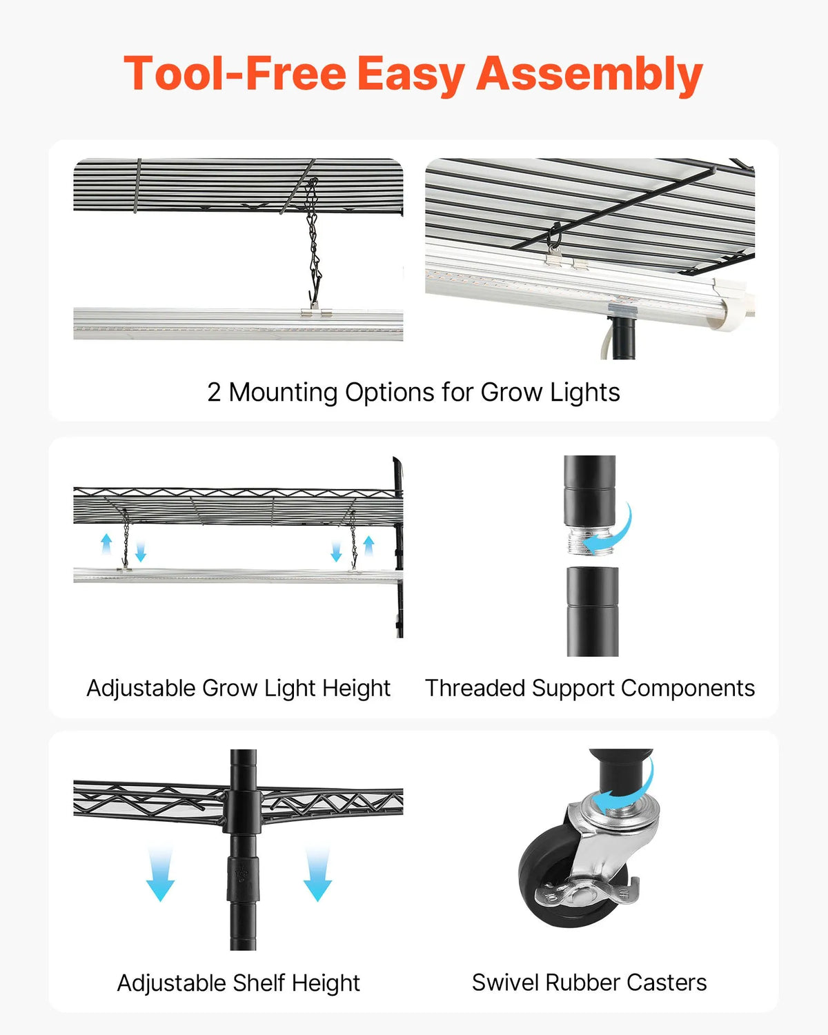 VEVOR 6-Tier Indoor Plant Shelf with Wheels and Timer, 180 cm Metal Stand with Full Spectrum 150 W 3800 K Grow Lights, Suitable for Seedling Growing