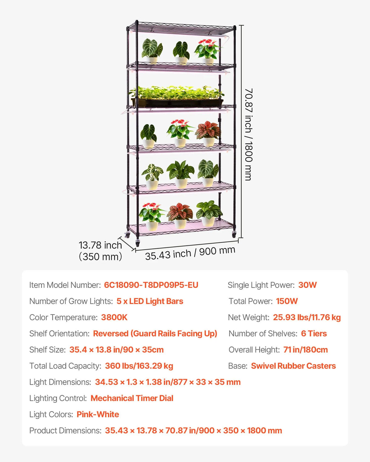 VEVOR 6-Tier Indoor Plant Shelf with Wheels and Timer, 180 cm Metal Stand with Full Spectrum 150 W 3800 K Grow Lights, Suitable for Seedling Growing