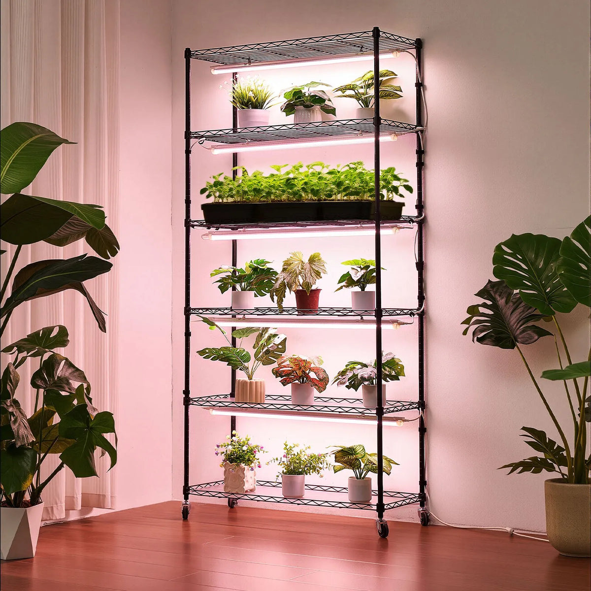 VEVOR 6-Tier Indoor Plant Shelf with Wheels and Timer, 180 cm Metal Stand with Full Spectrum 150 W 3800 K Grow Lights, Suitable for Seedling Growing