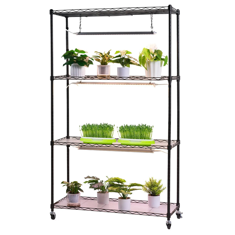 VEVOR 4 līmeņu iekštelpu augu plaukts ar riteņiem, 150 cm statīvs ar 90 W trīskrāsu pilna spektra audzēšanas gaismām, izturīgs metāla puķu podu turētājs dīgstu audzēšanai