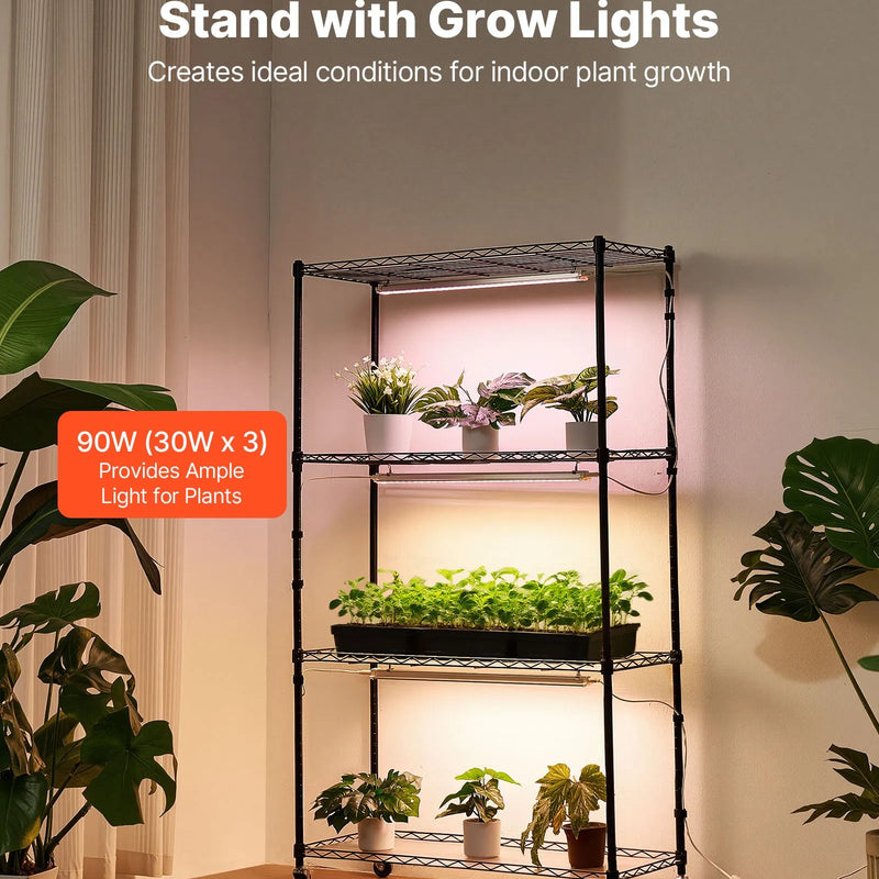 VEVOR 4 līmeņu iekštelpu augu plaukts ar riteņiem, 150 cm statīvs ar 90 W trīskrāsu pilna spektra audzēšanas gaismām, izturīgs metāla puķu podu turētājs dīgstu audzēšanai