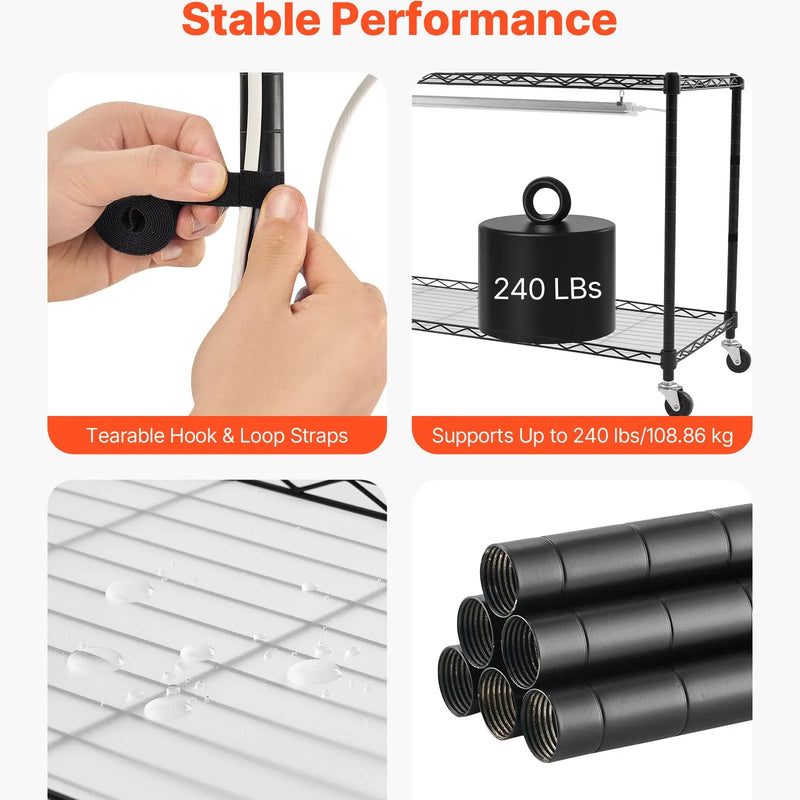 VEVOR 4 līmeņu iekštelpu augu plaukts ar riteņiem, 150 cm statīvs ar 90 W trīskrāsu pilna spektra audzēšanas gaismām, izturīgs metāla puķu podu turētājs dīgstu audzēšanai