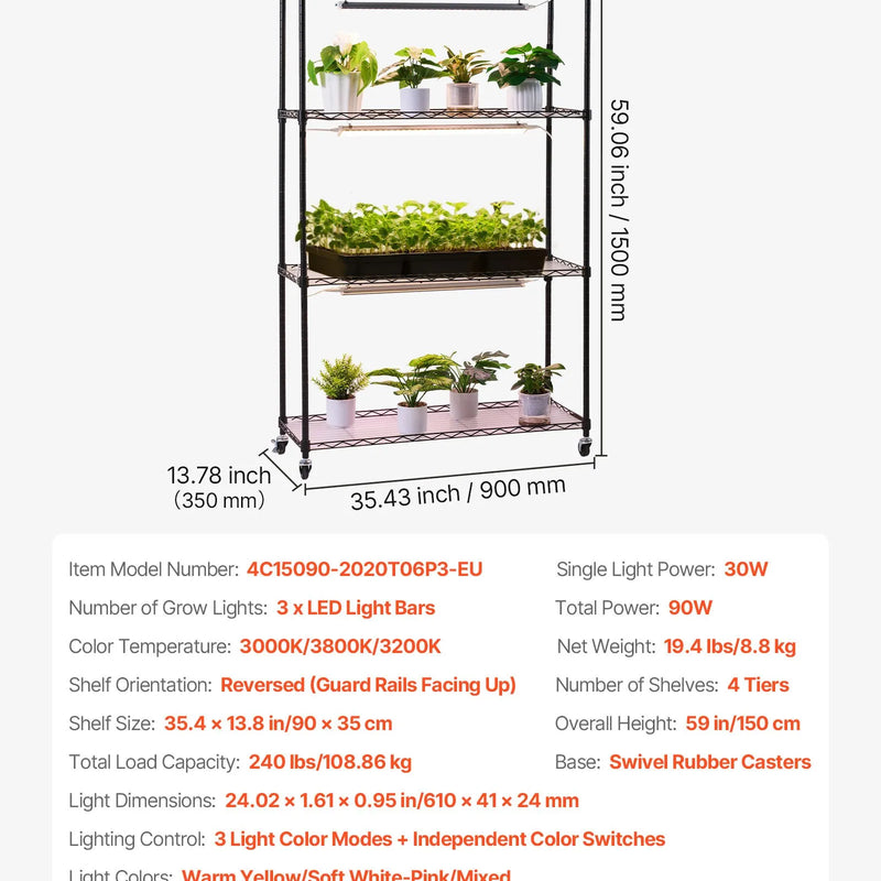 VEVOR 4 līmeņu iekštelpu augu plaukts ar riteņiem, 150 cm statīvs ar 90 W trīskrāsu pilna spektra audzēšanas gaismām, izturīgs metāla puķu podu turētājs dīgstu audzēšanai