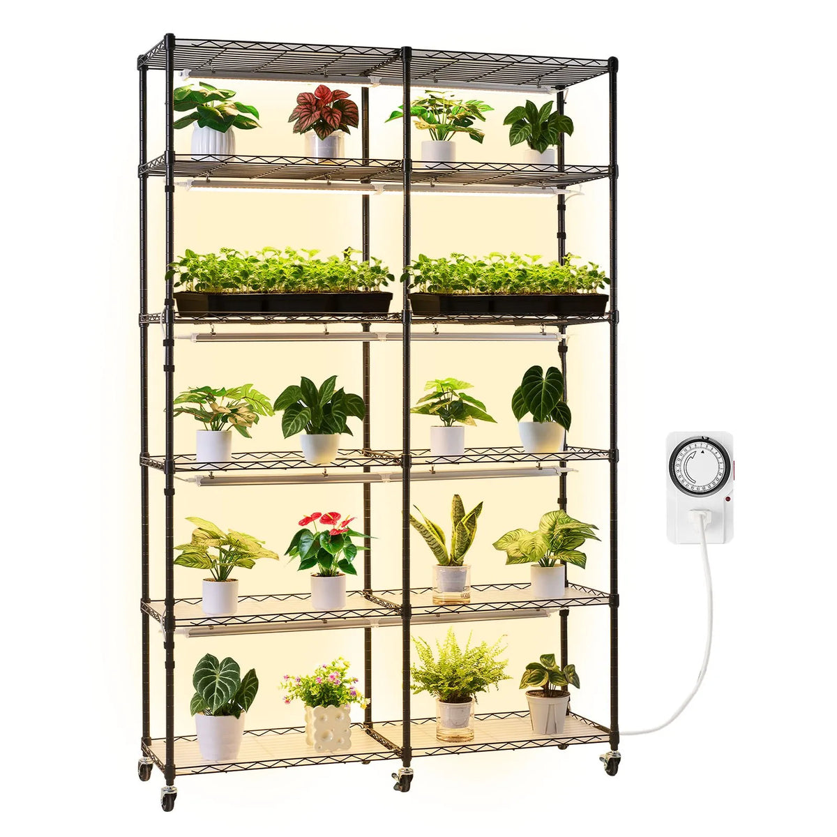 VEVOR 6-Tier Double Row Plant Shelf with Wheels and Timer, 180 cm Metal Stand with 200 W Full Spectrum Grow Lights, Suitable for Seedling Growing