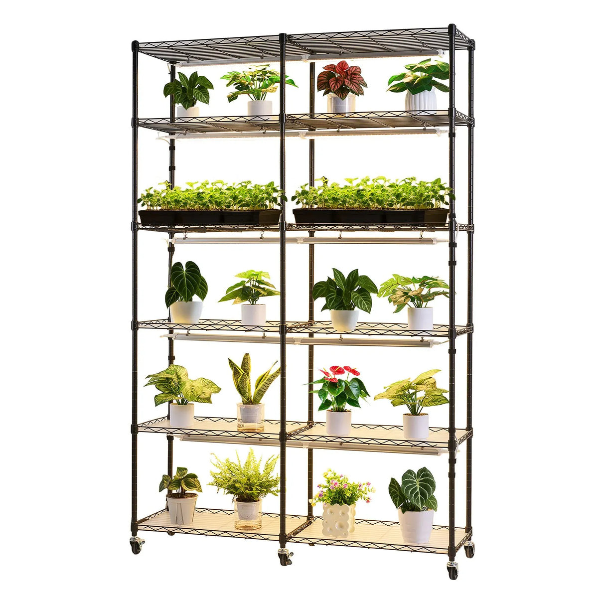 VEVOR 6-Tier Double Row Plant Shelf with Wheels and Timer, 180 cm Metal Stand with 200 W Full Spectrum Grow Lights, Suitable for Seedling Growing