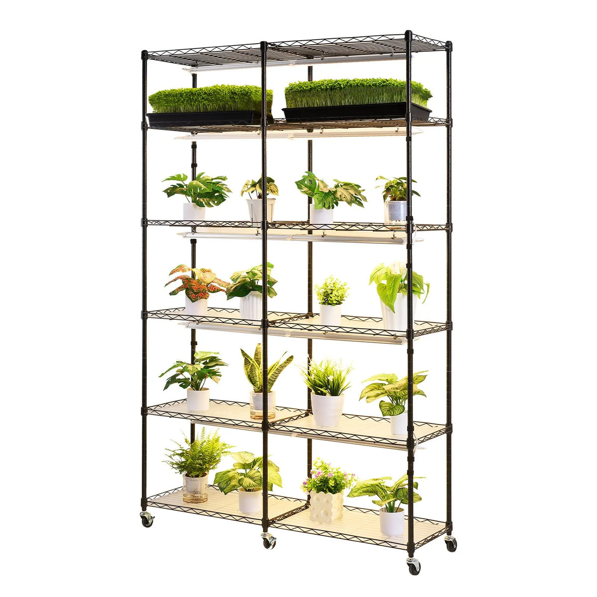 VEVOR 6-Tier Double Row Plant Shelf with Wheels and Timer, 180 cm Metal Stand with 200 W Full Spectrum Grow Lights, Suitable for Seedling Growing