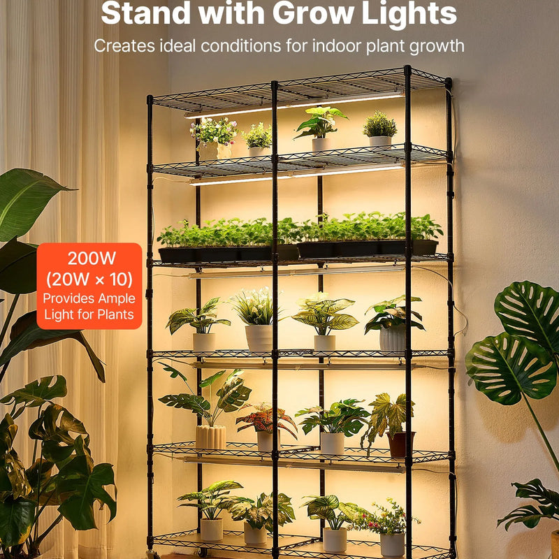 VEVOR 6 līmeņu divrindu augu plaukts ar riteņiem un taimeri, 180 cm metāla statīvs ar 200 W pilna spektra audzēšanas gaismām, piemērots dīgstu audzēšanai