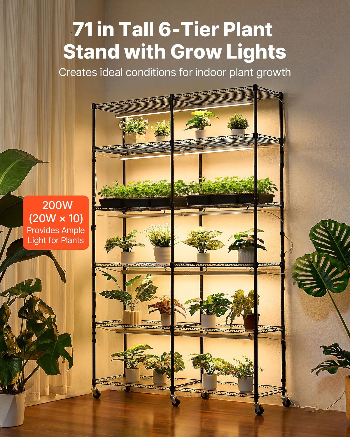 VEVOR 6-Tier Double Row Plant Shelf with Wheels and Timer, 180 cm Metal Stand with 200 W Full Spectrum Grow Lights, Suitable for Seedling Growing
