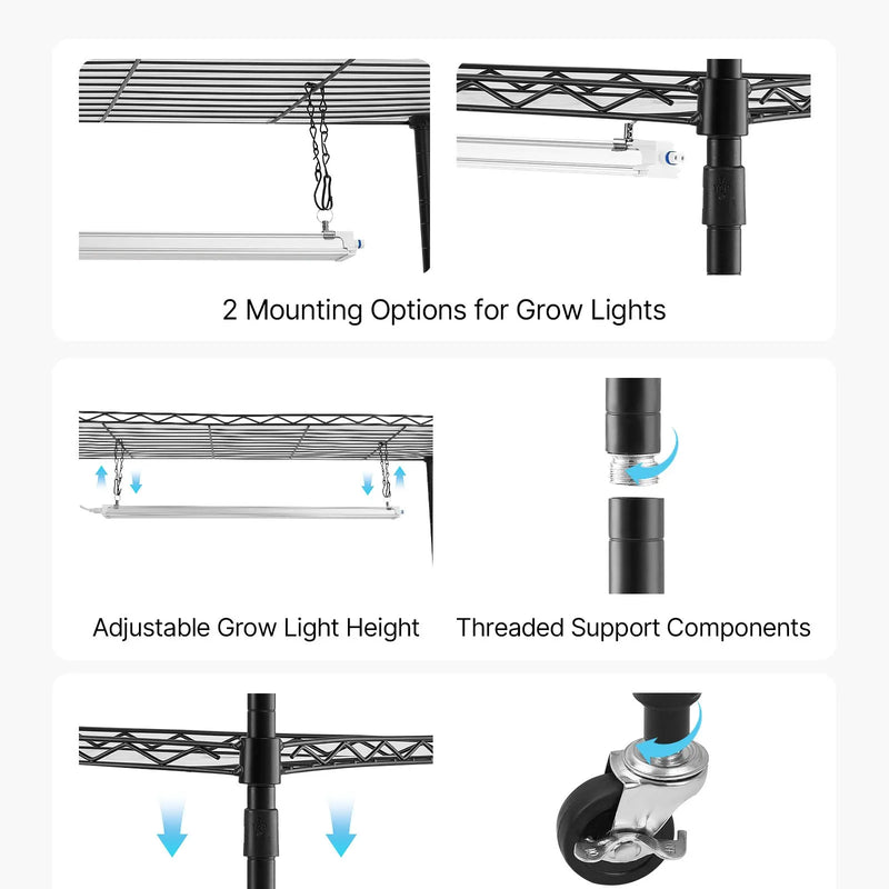 VEVOR 6 līmeņu divrindu augu plaukts ar riteņiem un taimeri, 180 cm metāla statīvs ar 200 W pilna spektra audzēšanas gaismām, piemērots dīgstu audzēšanai