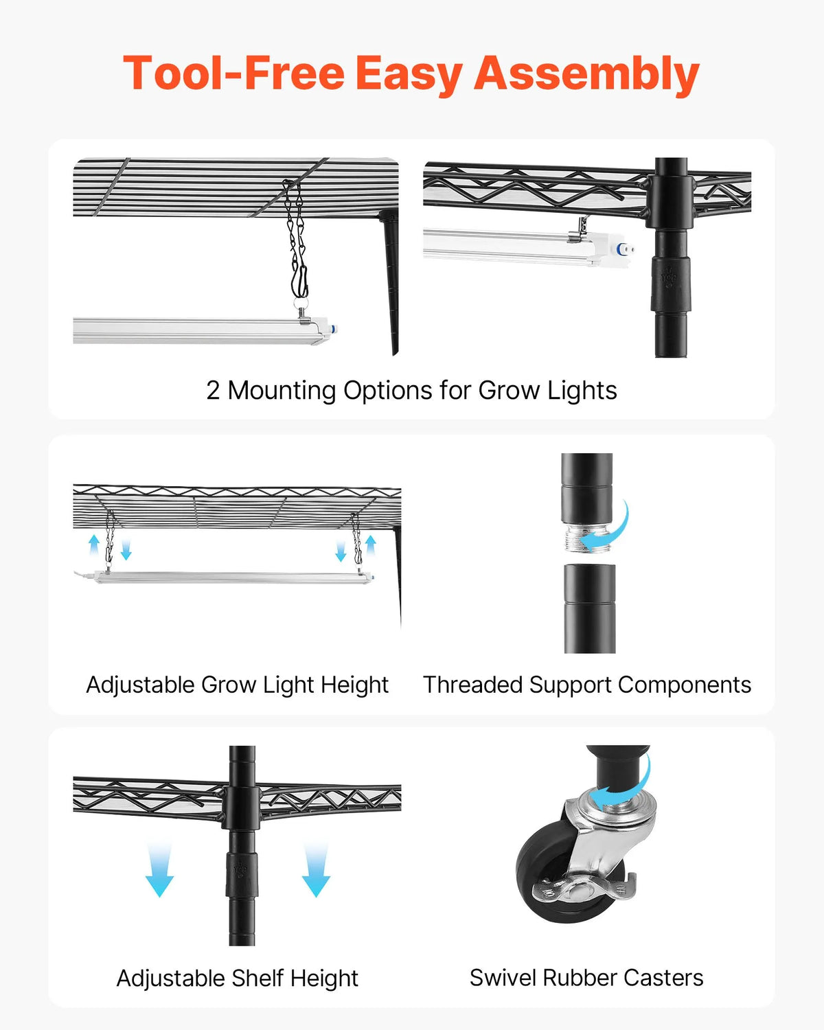 VEVOR 6-Tier Double Row Plant Shelf with Wheels and Timer, 180 cm Metal Stand with 200 W Full Spectrum Grow Lights, Suitable for Seedling Growing