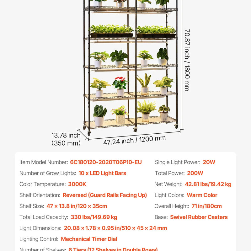 VEVOR 6 līmeņu divrindu augu plaukts ar riteņiem un taimeri, 180 cm metāla statīvs ar 200 W pilna spektra audzēšanas gaismām, piemērots dīgstu audzēšanai