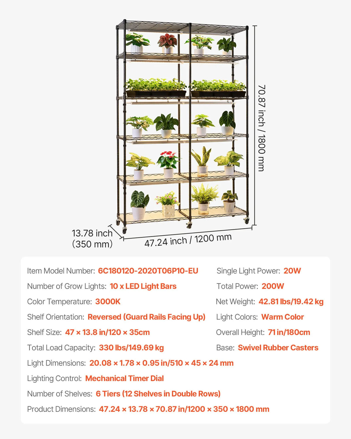 VEVOR 6-Tier Double Row Plant Shelf with Wheels and Timer, 180 cm Metal Stand with 200 W Full Spectrum Grow Lights, Suitable for Seedling Growing
