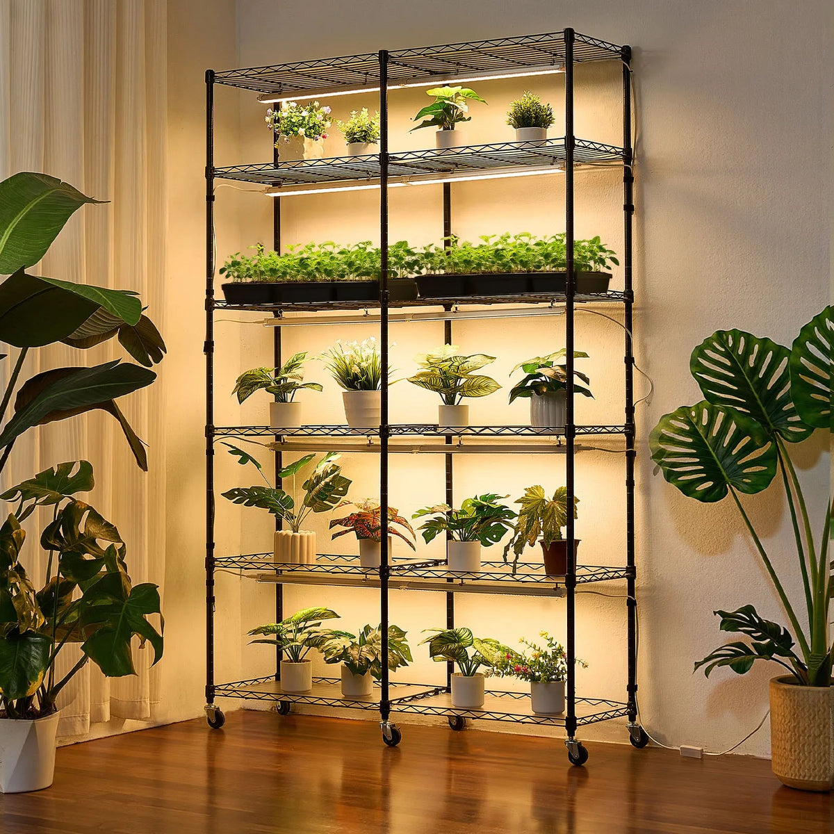 VEVOR 6-Tier Double Row Plant Shelf with Wheels and Timer, 180 cm Metal Stand with 200 W Full Spectrum Grow Lights, Suitable for Seedling Growing
