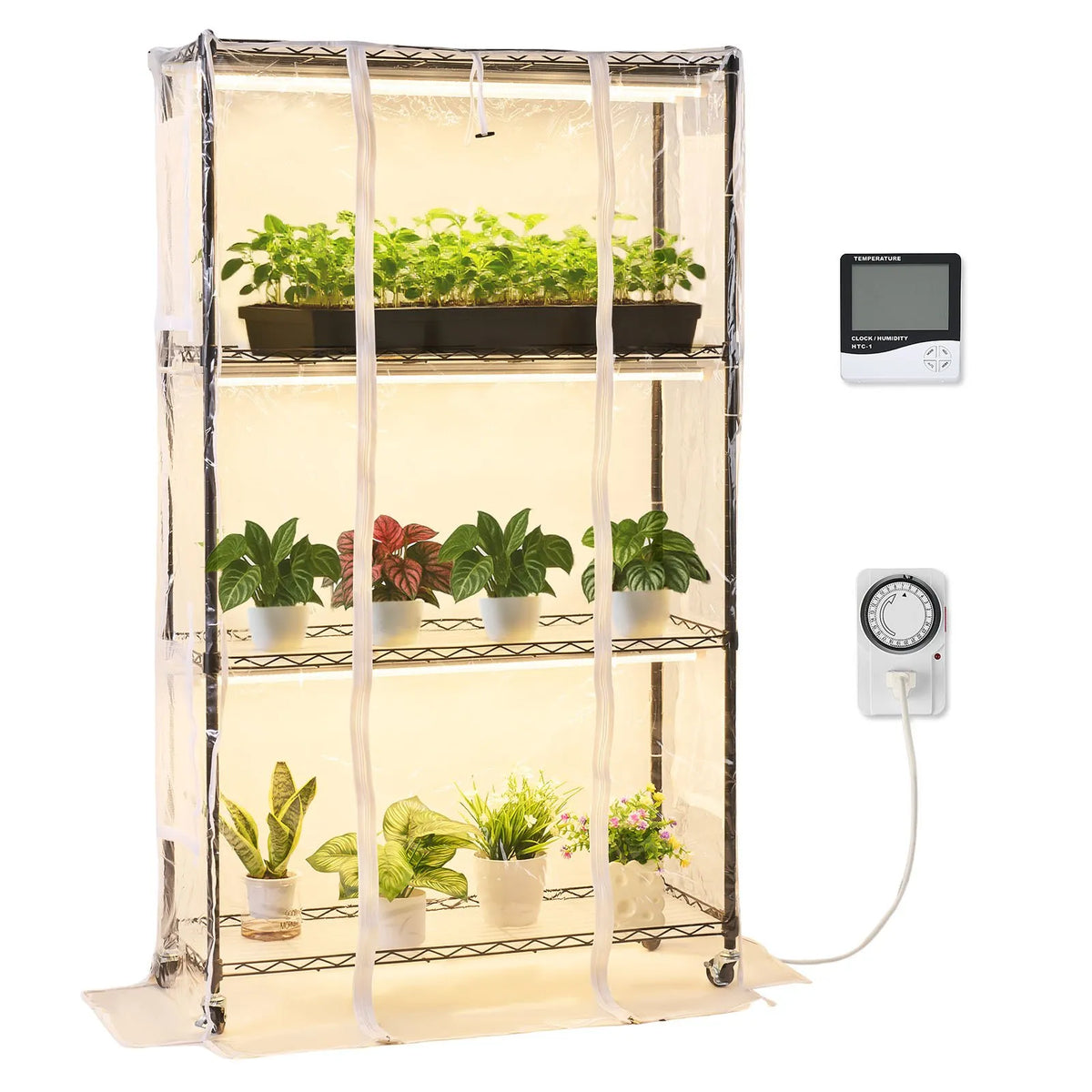 VEVOR 4-Tier Indoor Greenhouse with Transparent Cover, Timer and Hygrometer, 150 cm Metal Plant Shelf with 180 W Full Spectrum Grow Lights for Indoor Plants