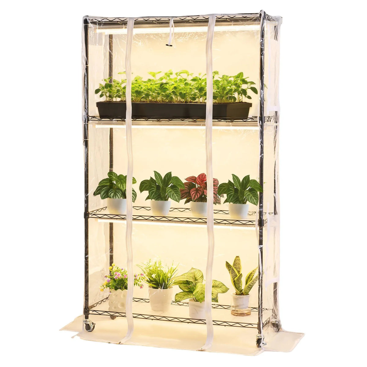 VEVOR 4-Tier Indoor Greenhouse with Transparent Cover, Timer and Hygrometer, 150 cm Metal Plant Shelf with 180 W Full Spectrum Grow Lights for Indoor Plants