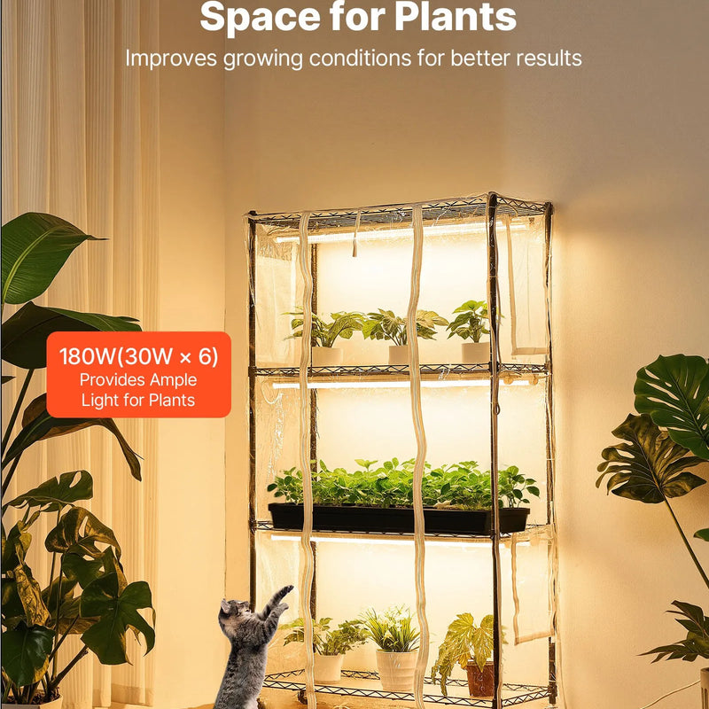 VEVOR 4 līmeņu iekštelpu siltumnīca ar caurspīdīgu pārsegu, taimeri un higrometru, 150 cm metāla augu plaukts ar 180 W pilna spektra audzēšanas gaismām iekštelpu augiem