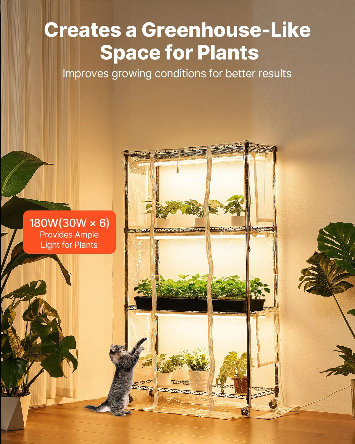 VEVOR 4-Tier Indoor Greenhouse with Transparent Cover, Timer and Hygrometer, 150 cm Metal Plant Shelf with 180 W Full Spectrum Grow Lights for Indoor Plants
