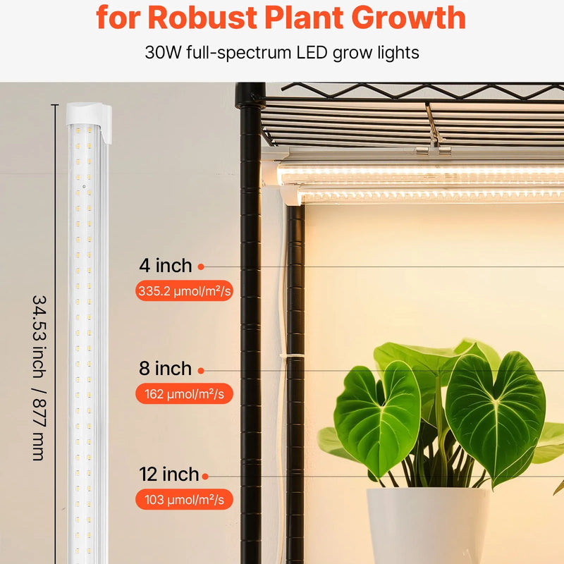 VEVOR 4 līmeņu iekštelpu siltumnīca ar caurspīdīgu pārsegu, taimeri un higrometru, 150 cm metāla augu plaukts ar 180 W pilna spektra audzēšanas gaismām iekštelpu augiem