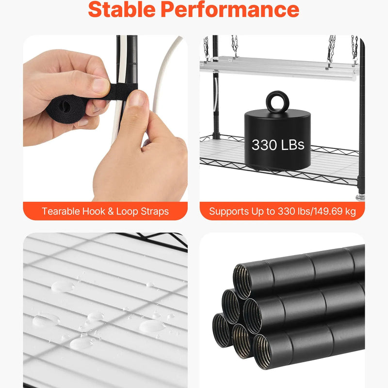 VEVOR 4 līmeņu iekštelpu siltumnīca ar caurspīdīgu pārsegu, taimeri un higrometru, 150 cm metāla augu plaukts ar 180 W pilna spektra audzēšanas gaismām iekštelpu augiem