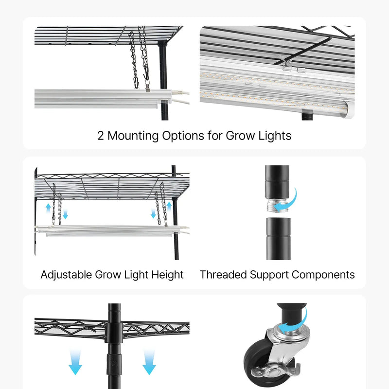 VEVOR 4 līmeņu iekštelpu siltumnīca ar caurspīdīgu pārsegu, taimeri un higrometru, 150 cm metāla augu plaukts ar 180 W pilna spektra audzēšanas gaismām iekštelpu augiem