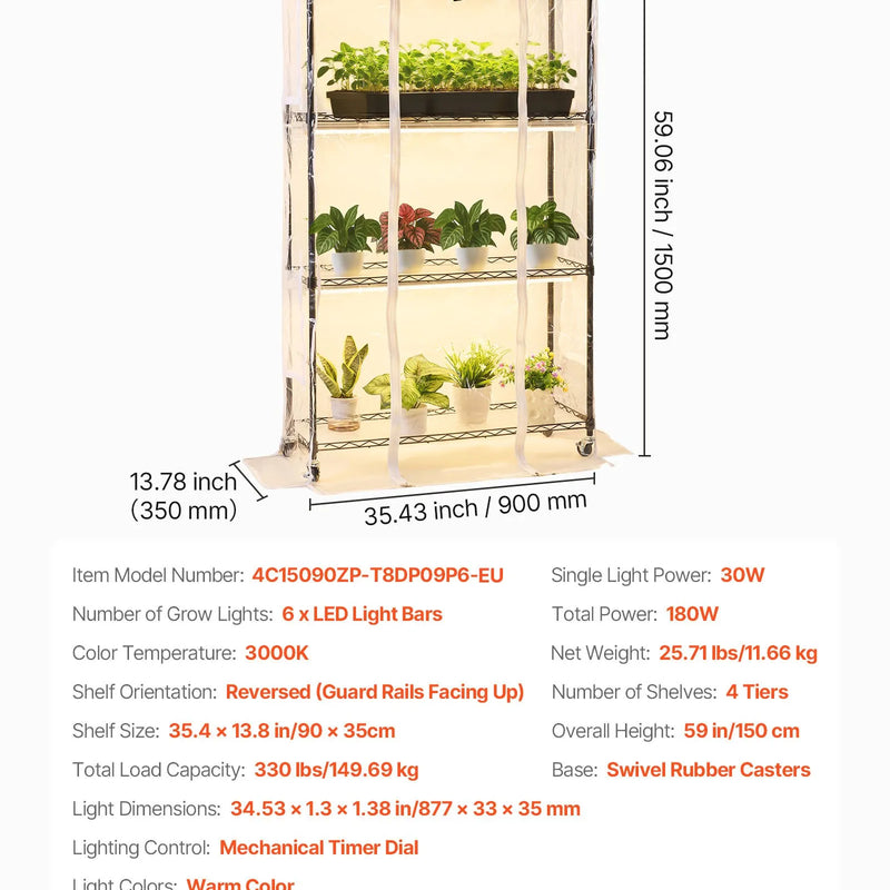 VEVOR 4 līmeņu iekštelpu siltumnīca ar caurspīdīgu pārsegu, taimeri un higrometru, 150 cm metāla augu plaukts ar 180 W pilna spektra audzēšanas gaismām iekštelpu augiem