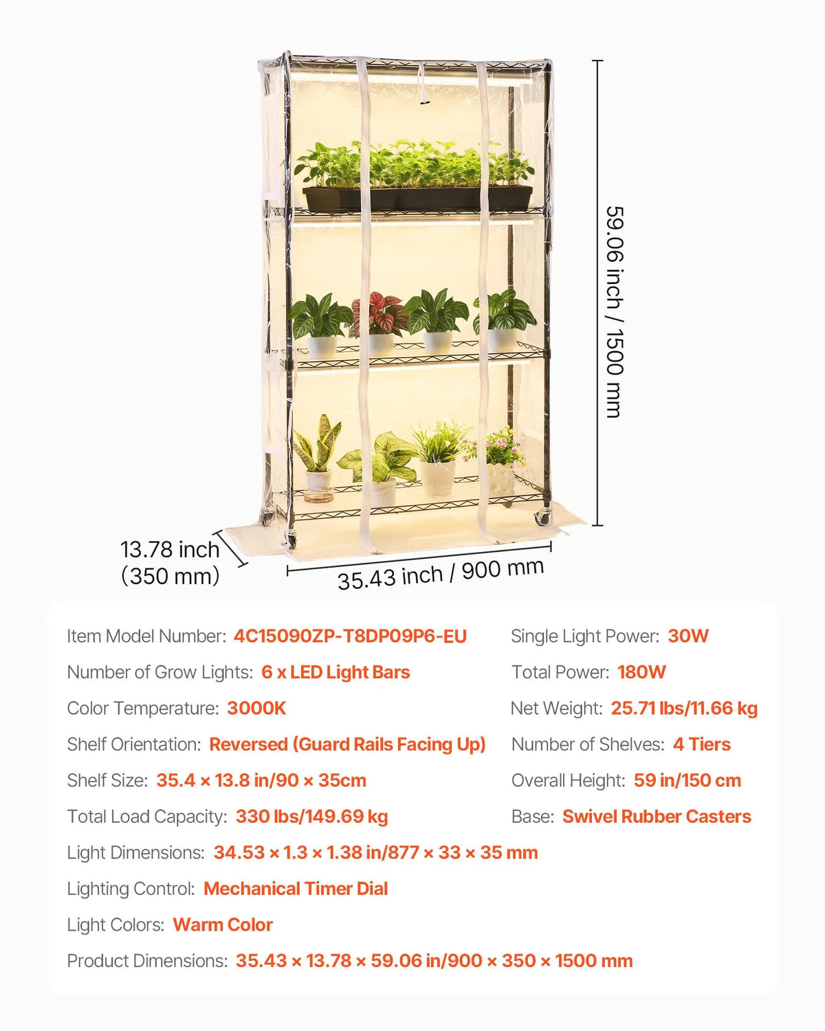 VEVOR 4-Tier Indoor Greenhouse with Transparent Cover, Timer and Hygrometer, 150 cm Metal Plant Shelf with 180 W Full Spectrum Grow Lights for Indoor Plants