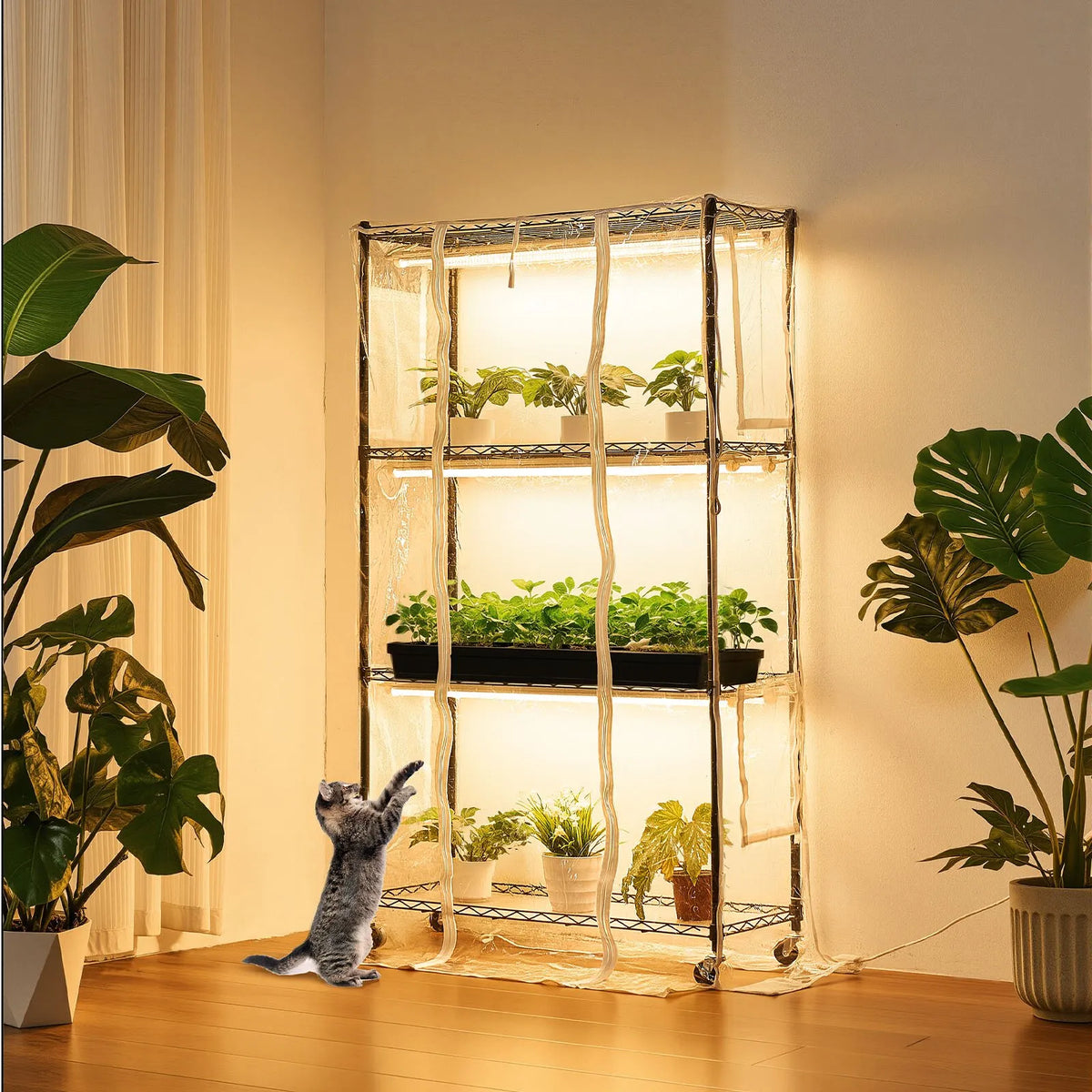 VEVOR 4-Tier Indoor Greenhouse with Transparent Cover, Timer and Hygrometer, 150 cm Metal Plant Shelf with 180 W Full Spectrum Grow Lights for Indoor Plants