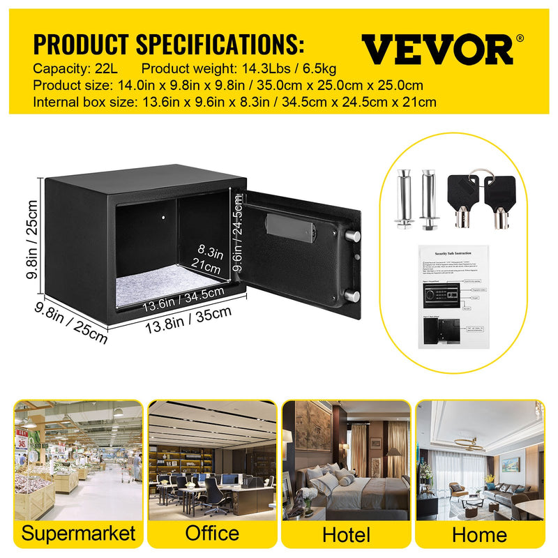 VEVOR 23 l seifs ar pirkstu nospiedumu un digitālo slēdzeni, ugunsdrošs, ar 2 atslēgām, sienas stiprinājums, melns