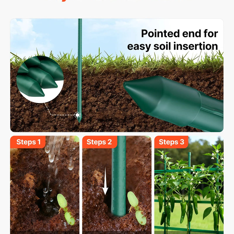 VEVOR dārza balsti augiem, 50 gab., 1170 mm, ar plastmasu pārklāti metāla tomātu balsti ar smailu galu un neslīdošiem izciļņiem kāpelējošu augu un dārzeņu atbalstam āra apstākļos