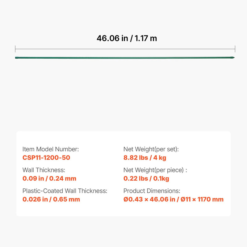 VEVOR dārza balsti augiem, 50 gab., 1170 mm, ar plastmasu pārklāti metāla tomātu balsti ar smailu galu un neslīdošiem izciļņiem kāpelējošu augu un dārzeņu atbalstam āra apstākļos