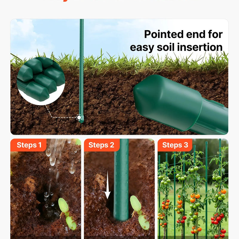 VEVOR dārza balsta mieti augiem, 25 gab., 1800 mm, plastmasas pārklājuma metāla tomātu mieti ar smailu galu un neslīdošiem izciļņiem kāpelējošu augu un dārzeņu balstīšanai ārā