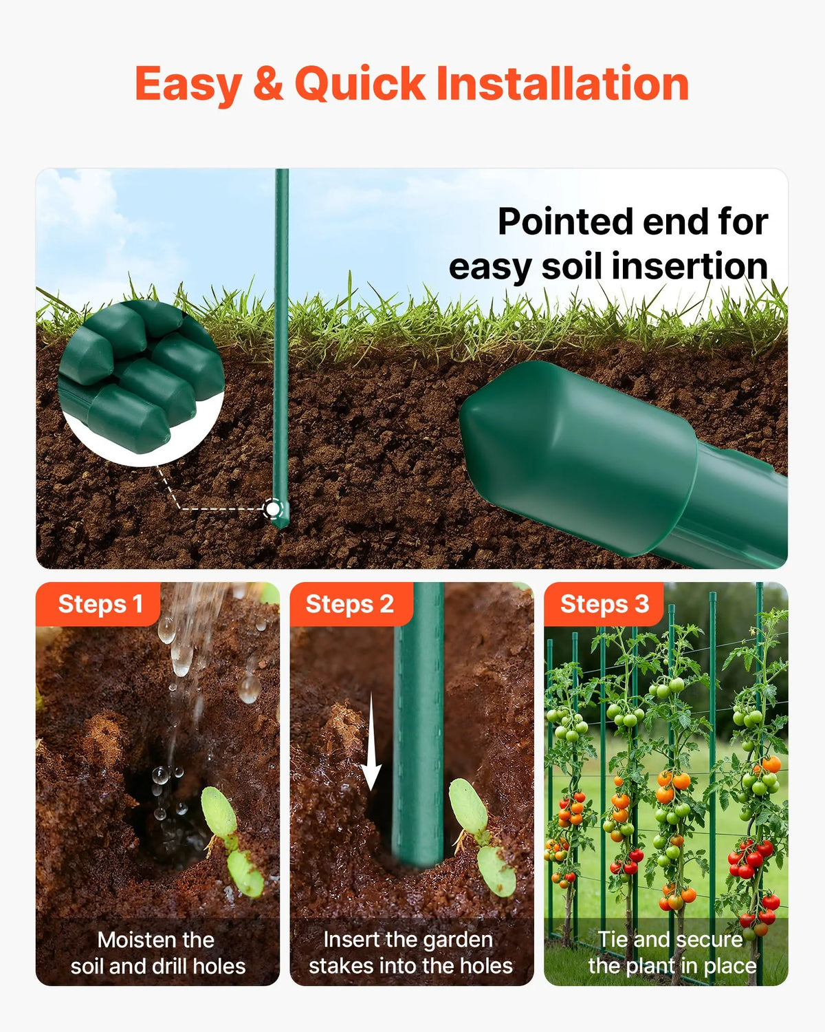 VEVOR Garden Support Stakes for Plants, 25 Pieces, 1800 mm, Plastic-Coated Metal Tomato Stakes with Sharp Ends and Non-Slip Clips for Supporting Climbing Plants and Vegetables Outdoors