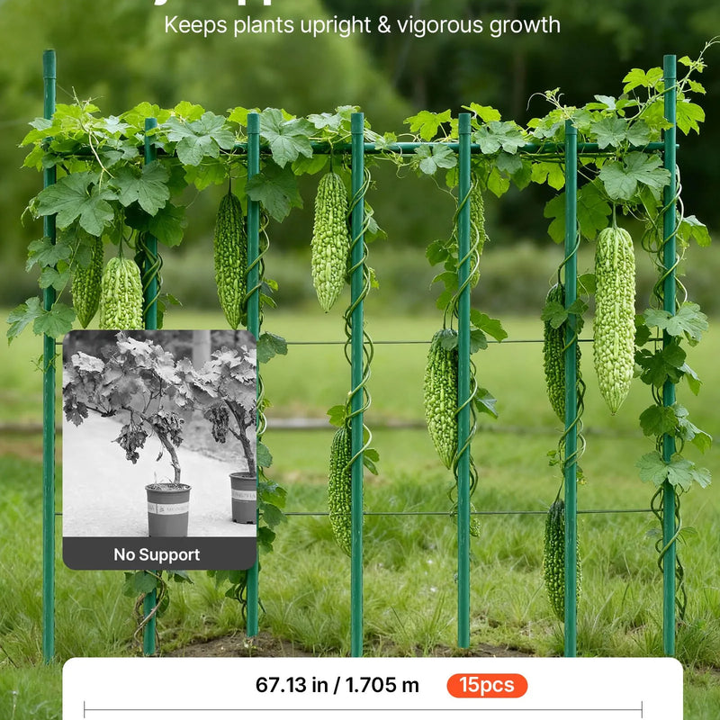 VEVOR dārza balsta mieti augiem, 15 gab., 1705 mm, plastmasas pārklājuma metāla tomātu mieti ar smailu galu un neslīdošiem izciļņiem kāpelējošu augu un dārzeņu balstīšanai ārā