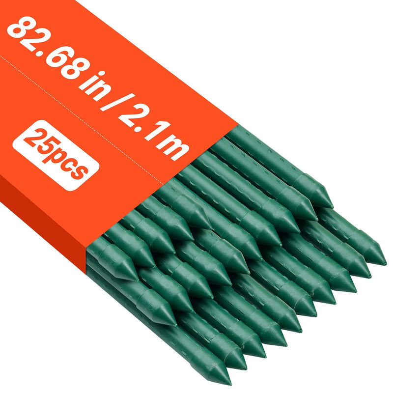 VEVOR dārza balsta mieti augiem, 25 gab., 2100 mm, plastmasas pārklājuma metāla tomātu mieti ar smailu galu un neslīdošiem izciļņiem kāpelējošu augu un dārzeņu balstīšanai ārā