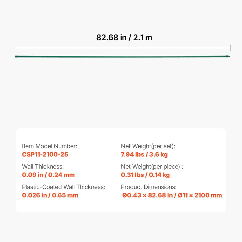VEVOR dārza balsta mieti augiem, 25 gab., 2100 mm, plastmasas pārklājuma metāla tomātu mieti ar smailu galu un neslīdošiem izciļņiem kāpelējošu augu un dārzeņu balstīšanai ārā