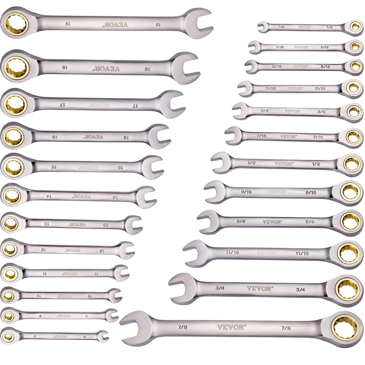Kombinēto atslēgu komplekts, 24 gab., SAE 6,35-22,2 mm un metrisks 8-19 mm ar organizatoru statīvu
