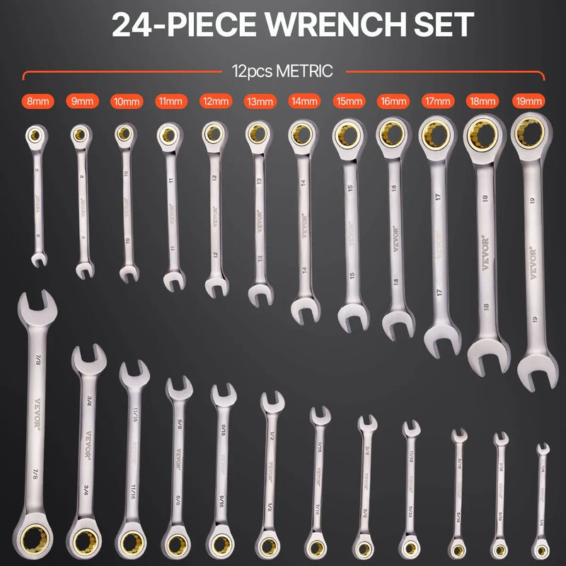 Kombinēto atslēgu komplekts, 24 gab., SAE 6,35-22,2 mm un metrisks 8-19 mm ar organizatoru statīvu