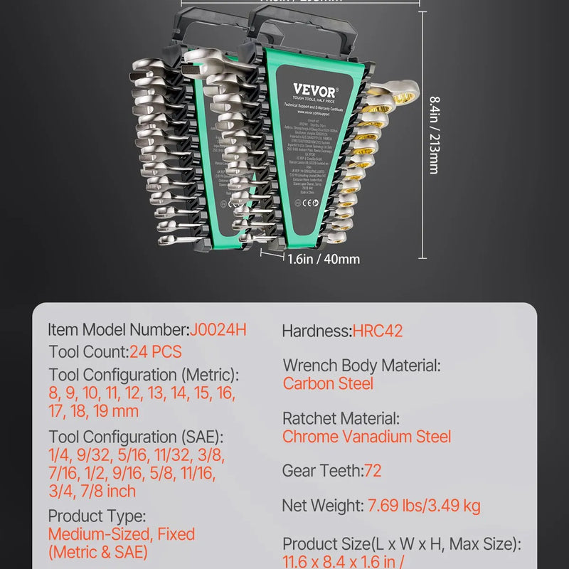 Kombinēto atslēgu komplekts, 24 gab., SAE 6,35-22,2 mm un metrisks 8-19 mm ar organizatoru statīvu